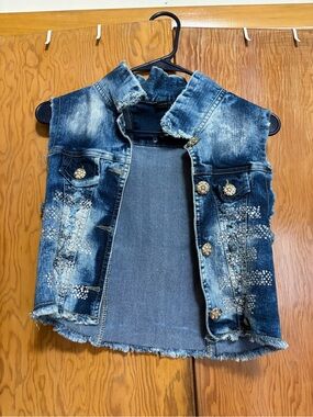 Embellished Distressed Denim Vest with Rhinestones